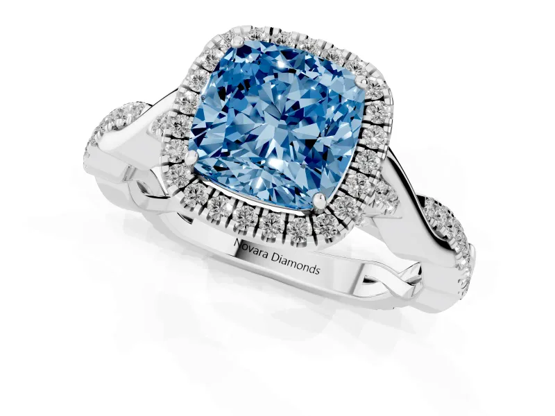Cushion Cut Twist Halo Engagement Ring Setting for a Fancy Blue Lab-Grown Diamond | Platinum