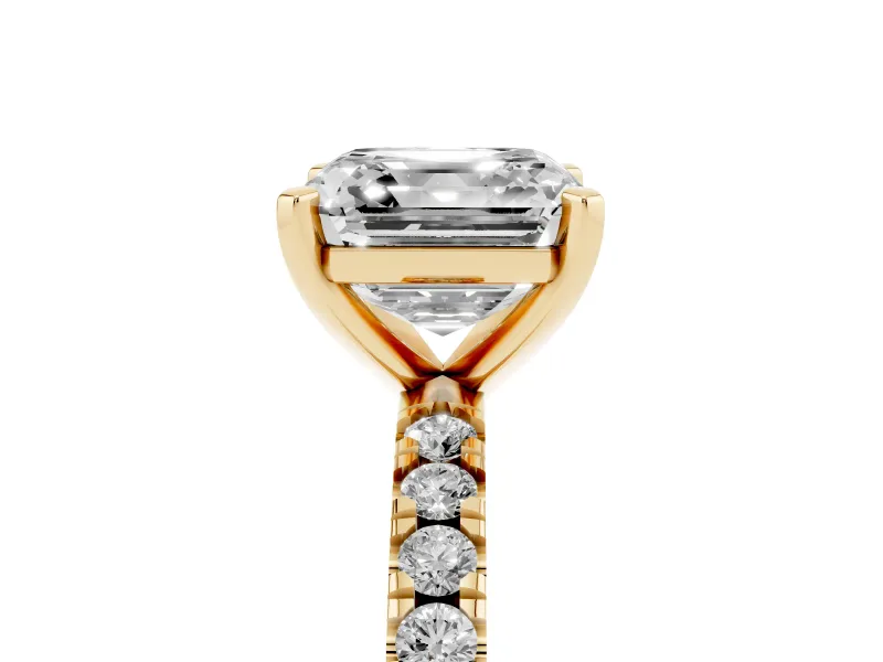 Asscher Cut Shared Prong Solitaire Engagement Ring Setting | Pavé Band | Yellow Gold