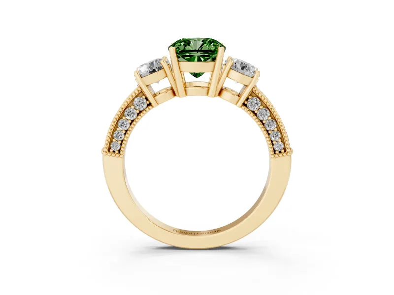 Fancy Green Cushion Cut Diamond Three-Stone Ring Set in Yellow gold with Round Side Stones and Pavé Band