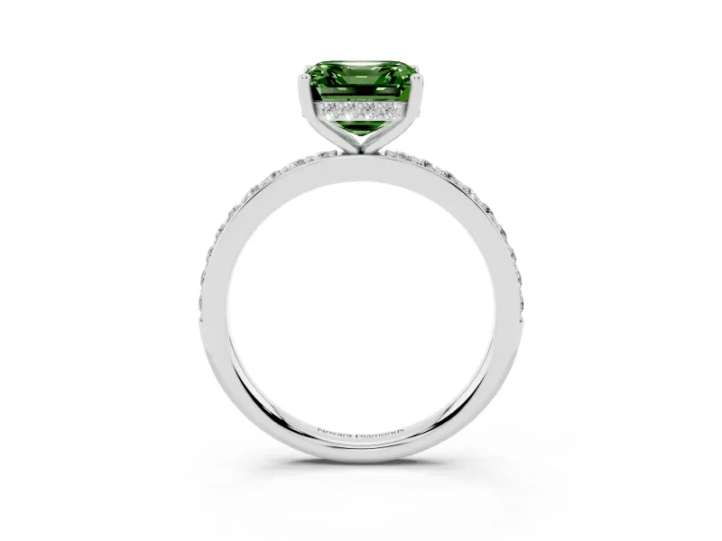 Fancy Green Asscher Cut Diamond Pavé Band Ring Set in White gold with Prong-Set Center Stone