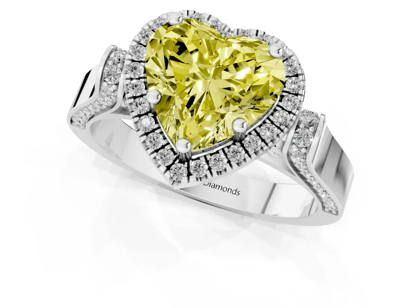 Heart-Shaped Halo Engagement Ring Setting for a Fancy Yellow Lab-Grown Diamond | Pointed Pave Shoulders | Platinum