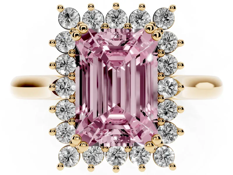 Fancy Pink Emerald Cut Diamond Halo Ring Set in Yellow gold with Plain Solitaire Band and Prong Setting