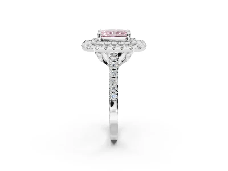 Fancy Pink Radiant Cut Lab-Grown Diamond Double Halo Statement Ring Set in Platinum with Pavé Band