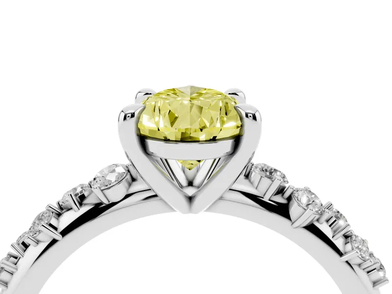 Fancy Yellow Pear Cut Diamond Solitaire Vine Band Ring Set in Silver with Round Accents and Prong Setting