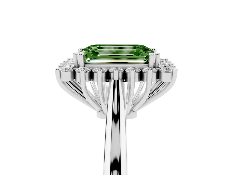 Fancy Green Emerald Cut Diamond Halo Ring Set in White gold with Plain Solitaire Band and Prong Setting