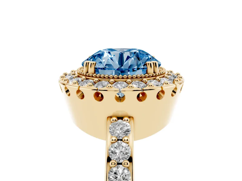 Round Vintage Milgrain Halo Engagement Ring Setting for a Fancy Blue Lab-Grown Diamond | Pierced Gallery | Yellow Gold