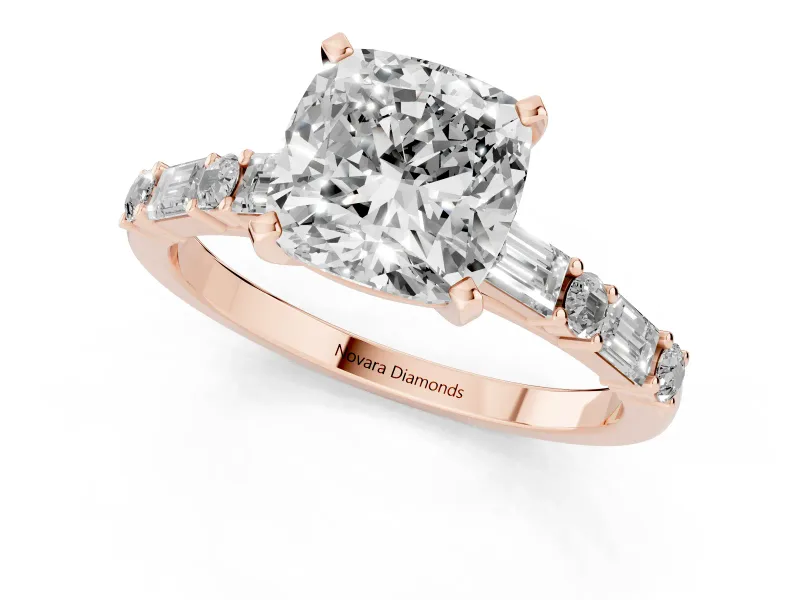 Cushion Cut Diamond Solitaire Set in Rose gold with Side Baguettes and Channel Set Band