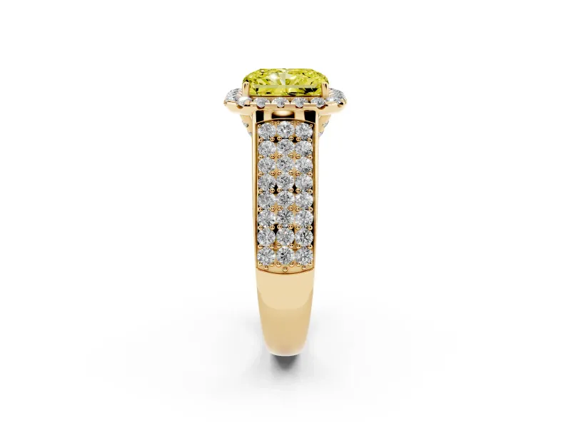 Radiant Cut Pavé Engagement Ring Setting for a Fancy Yellow Lab-Grown Diamond | Wide Three-Row Band | Yellow Gold