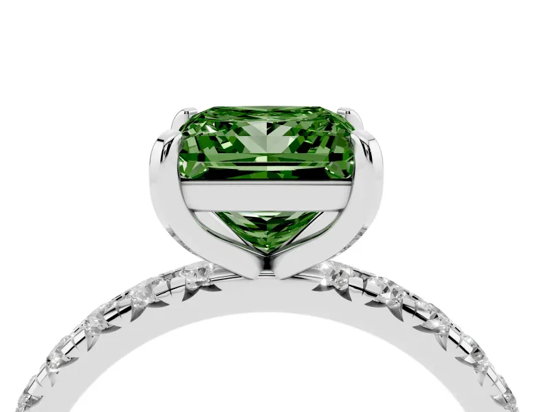 Fancy Green Princess Cut Diamond Pavé Solitaire Ring Set in Platinum with Round Band and Prong Setting