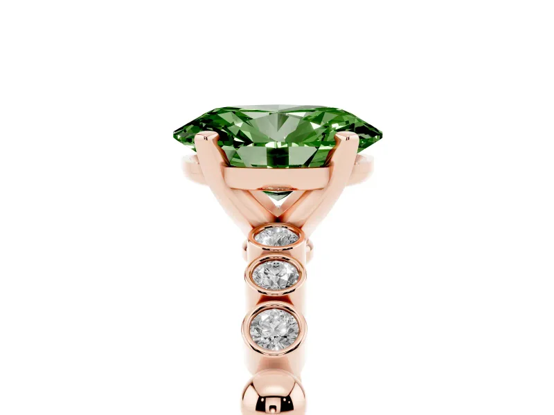 Fancy Green Oval Cut Diamond Solitaire Engagement Ring Set in Rose gold with Bezel Accents on Beaded Band