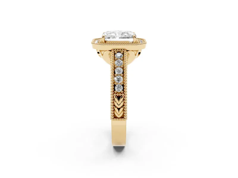 Radiant Cut Diamond Halo Ring Set in Yellow gold with Round Accent Halo, Pavé Band and Prong Setting