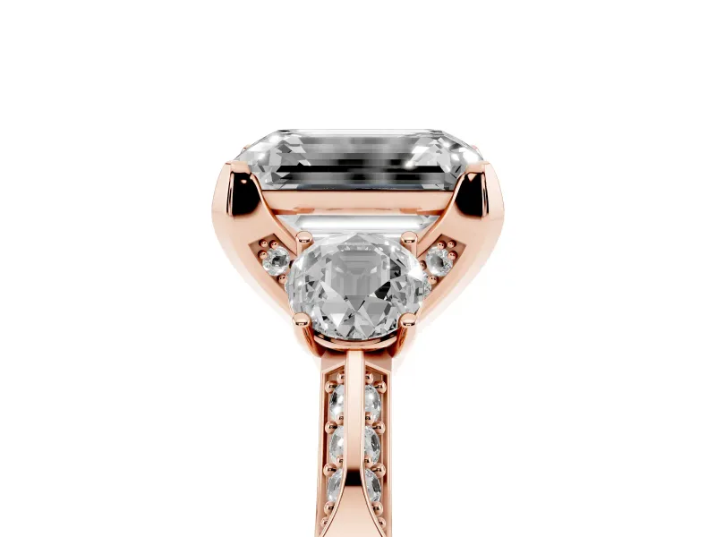 Emerald Cut Hidden Halo Three Stone Engagement Ring Setting for a Fancy Pink Lab-Grown Diamond | Rose Gold