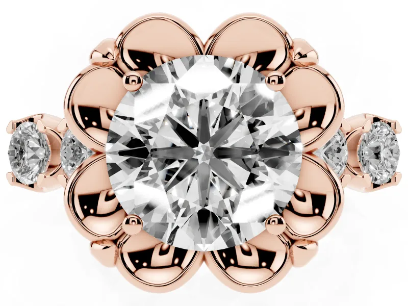 Round Floral Engagement Ring Setting | Petal Frame and Side Stones | Rose Gold
