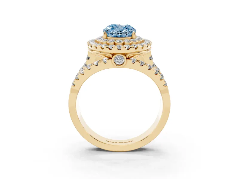 Oval Double Halo Split Shank Engagement Ring Setting for a Fancy Blue Lab-Grown Diamond | Pave Strands | Yellow Gold