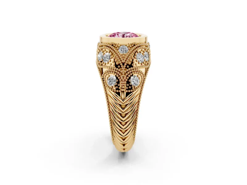 Round Vintage Bezel Engagement Ring Setting for a Fancy Pink Lab-Grown Diamond | Yellow Gold