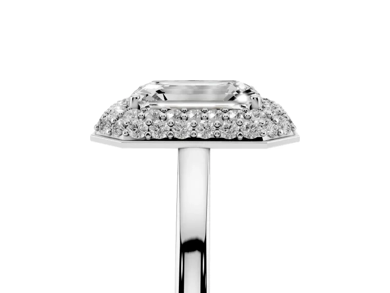 Emerald Cut Diamond Halo Engagement Ring Set in Platinum with Solitaire Band and Prong Setting