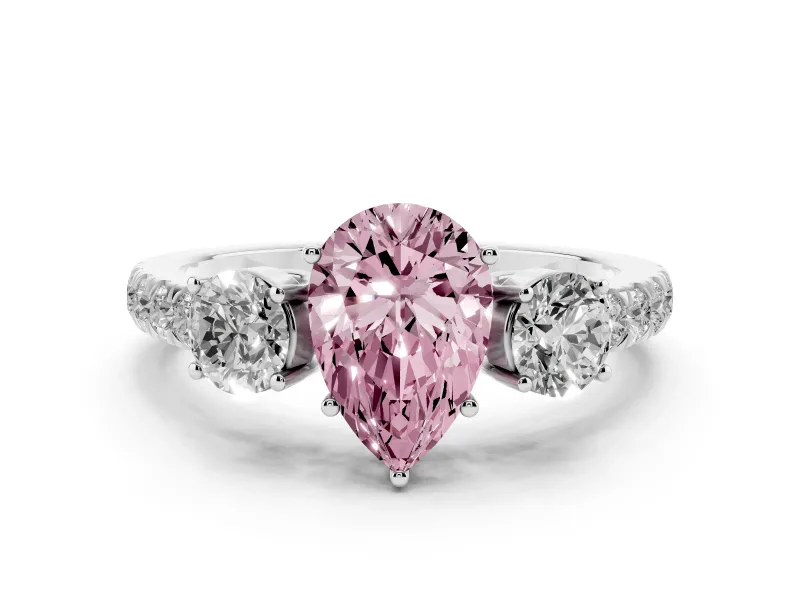 Fancy Pink Pear Cut Diamond Three-Stone Ring Set in Platinum with Round Side Stones and Delicate Pavé Band