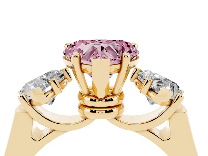 Heart-Shaped Three Stone Engagement Ring Setting for a Fancy Pink Lab-Grown Diamond | Plain Squared Band | Yellow Gold
