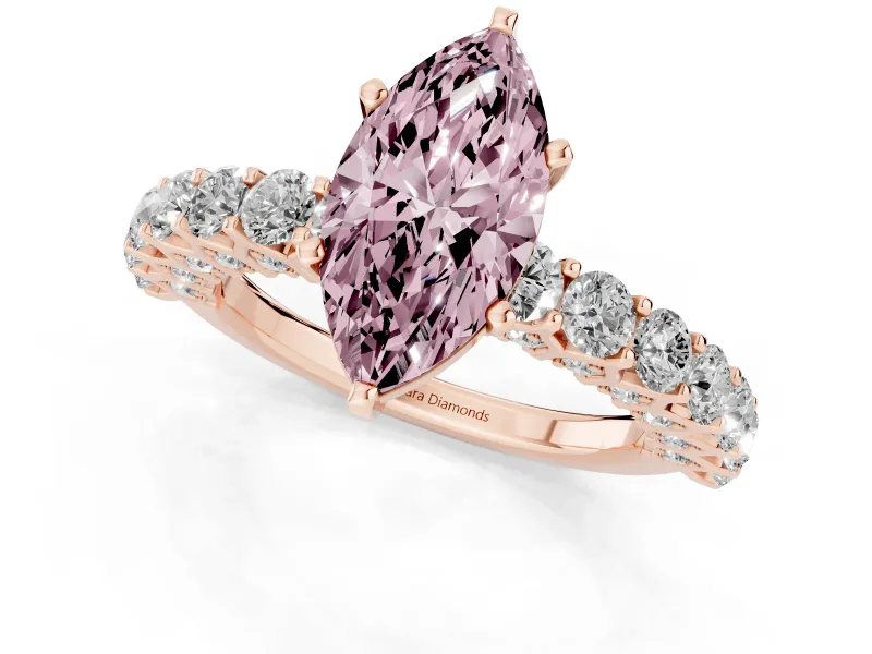 Fancy Pink Marquise Cut Diamond Solitaire Ring Set in Rose gold with Shared Prong Pavé Band
