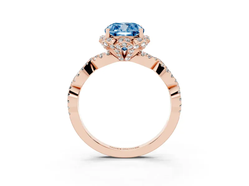Fancy Blue Cushion Cut Diamond Halo Twist Band Solitaire Ring Set in Rose gold with Prong-Set Center Stone