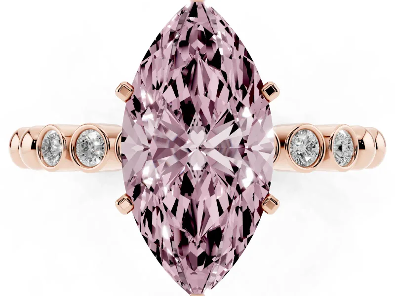Fancy Pink Marquise Cut Diamond Solitaire Engagement Ring Set in Rose gold with Bezel Accents on Beaded Band