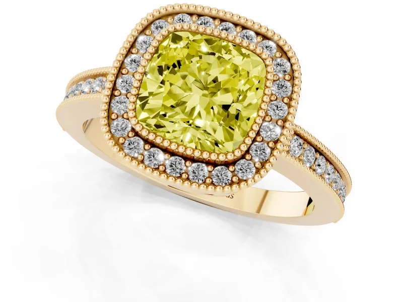 Cushion Cut Milgrain Halo Engagement Ring Setting for a Fancy Yellow Lab-Grown Diamond | Yellow Gold