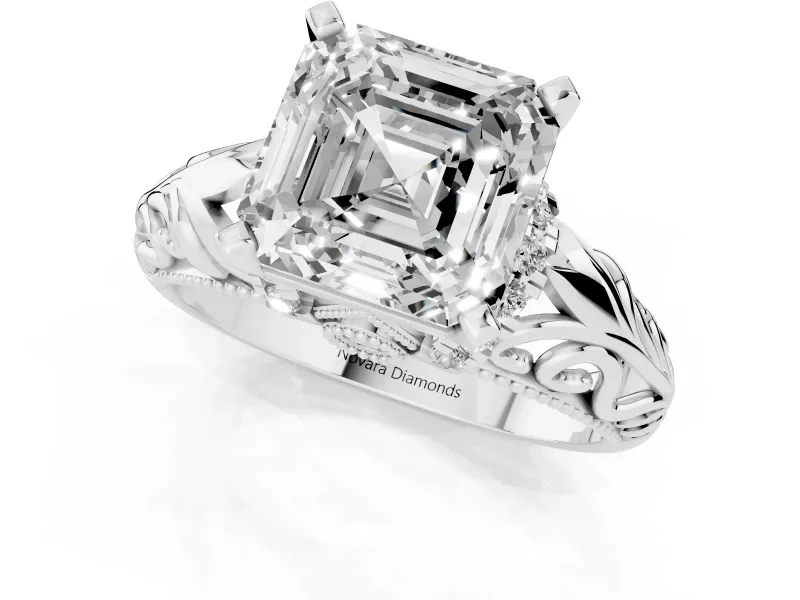 Asscher Cut Diamond Filigree Halo Engagement Ring Set in White gold with Prong Setting