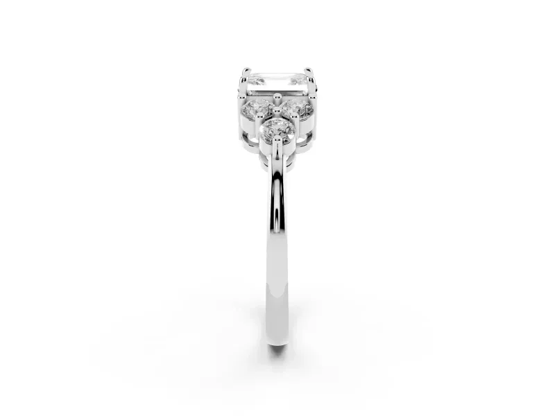 Asscher Cut Diamond Solitaire Ring Set in White gold with Cluster Accents on Each Side