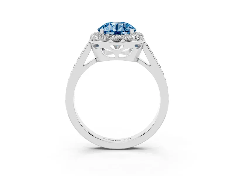 Fancy Blue Round Cut Diamond Floral Halo Ring Set in Silver with Pavé Band and Prong Setting