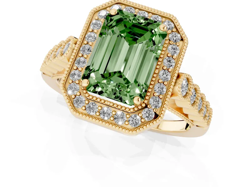 Emerald Cut Graduated Milgrain Halo Engagement Ring Setting for a Fancy Green Lab-Grown Diamond | Yellow Gold