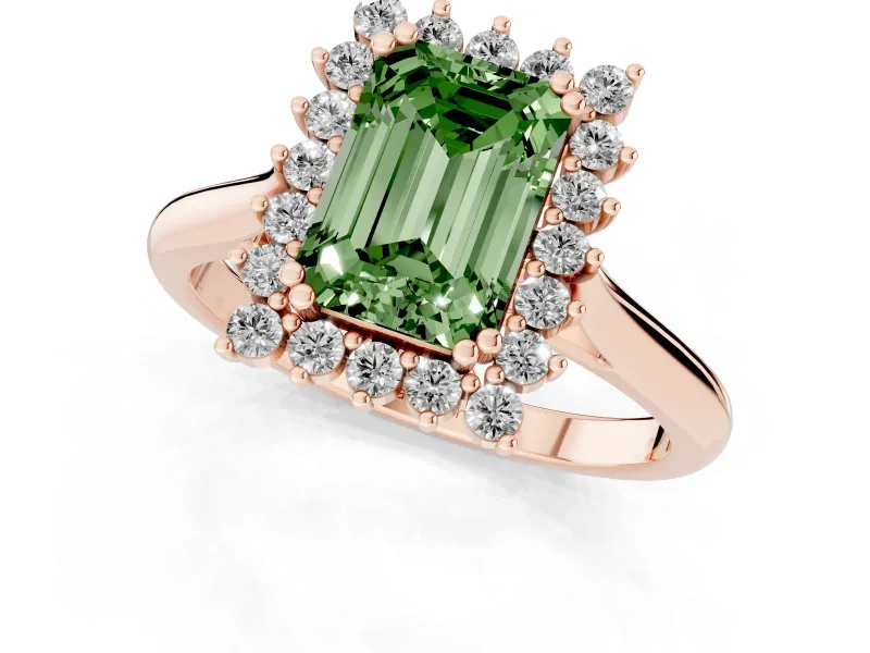 Emerald Cut Starburst Halo Engagement Ring Setting for a Fancy Green Lab-Grown Diamond | Rose Gold