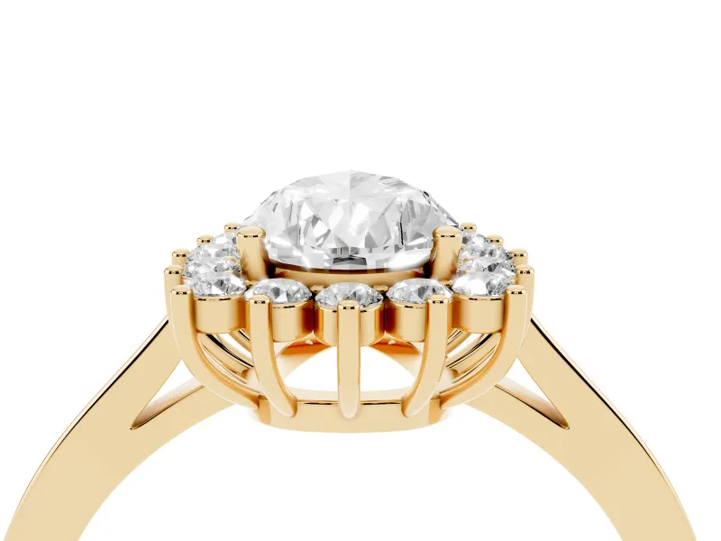 Pear Cut Diamond Halo Ring Set in Yellow gold with Round Halo and Smooth Solitaire Band