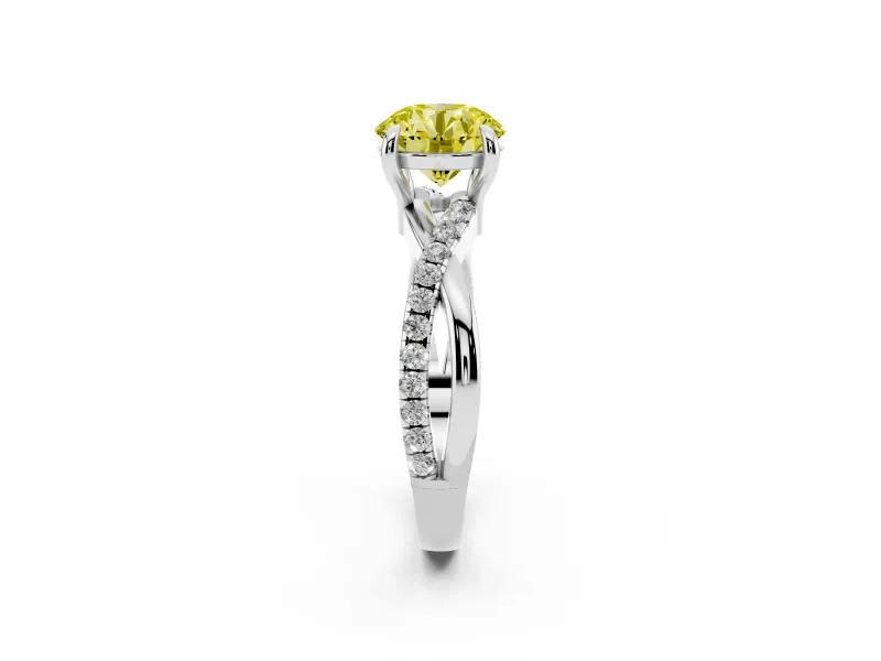 Fancy Yellow Round Cut Diamond Twist Band Solitaire Set in Silver with Pavé Accents and Prong Setting