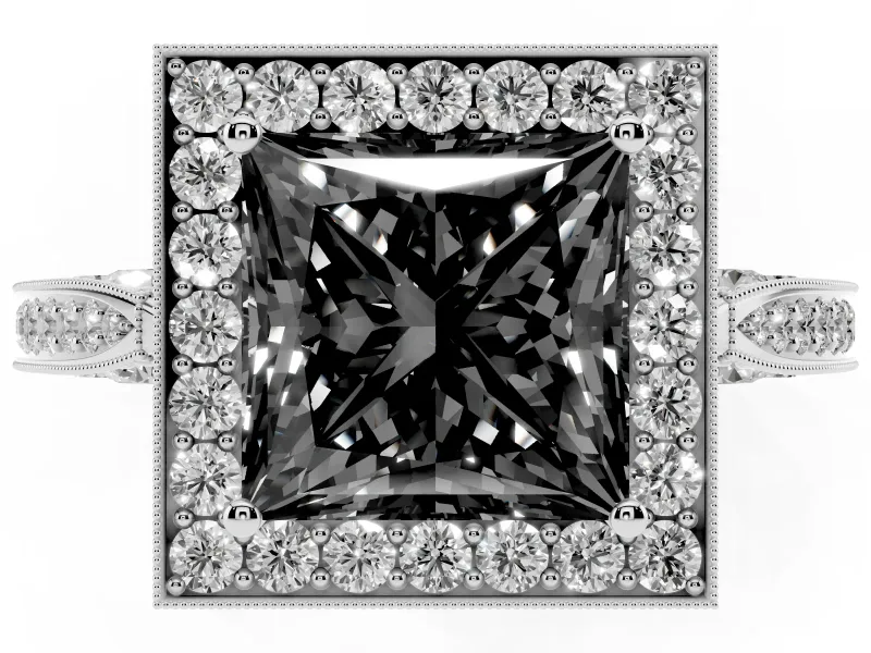 Princess Cut Milgrain Halo Engagement Ring Setting for a Black Center | Side Stones | Platinum