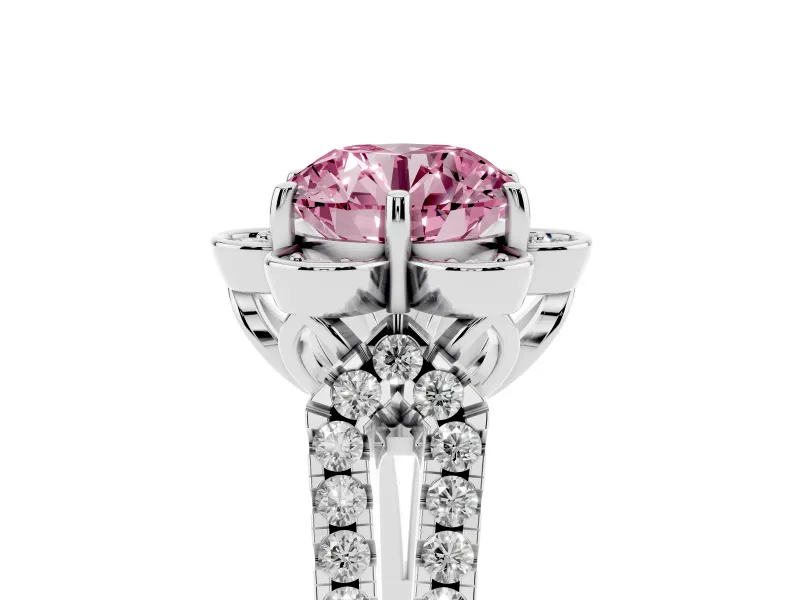 Round Petal Frame Floral Halo Engagement Ring Setting for a Fancy Pink Lab-Grown Diamond | Pavé Split Shank | White Gold