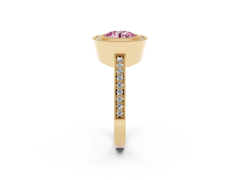 Round Milgrain Halo Engagement Ring Setting for a Fancy Pink Lab-Grown Diamond | Pave Band | Yellow Gold
