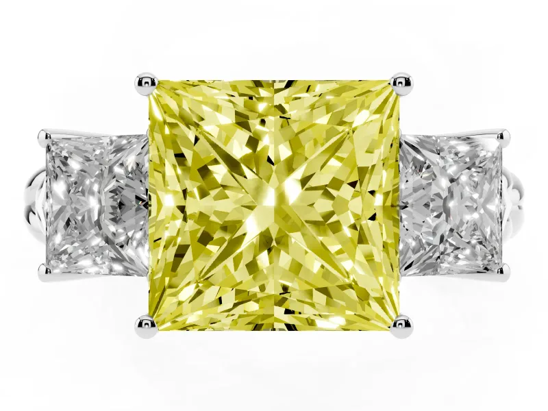 Fancy Yellow Princess Cut Diamond Three-Stone Ring Set in White gold with Braided Band