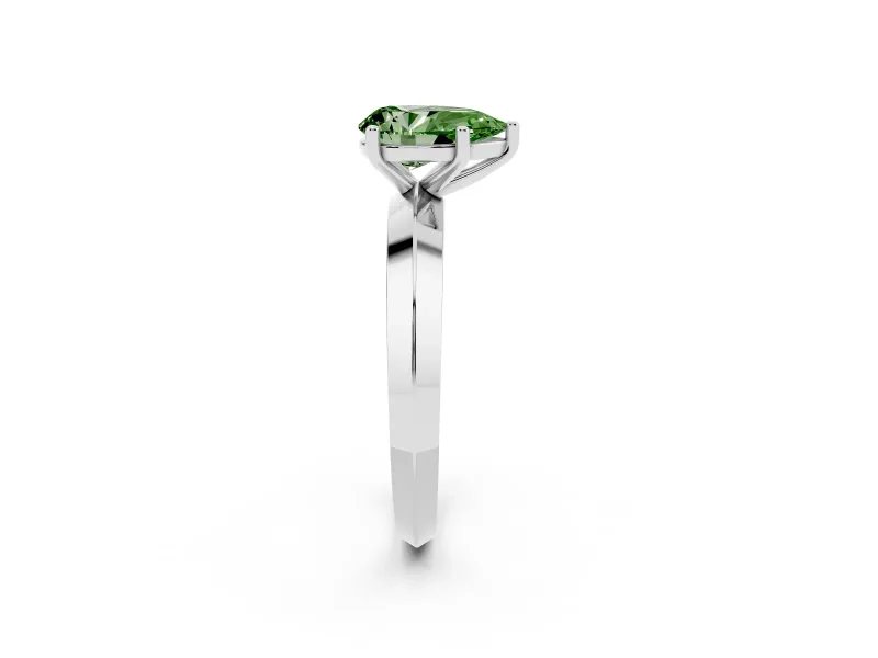 Fancy Green Pear Cut Diamond Solitaire Engagement Ring Set in White gold with Flat Band and Prong Setting