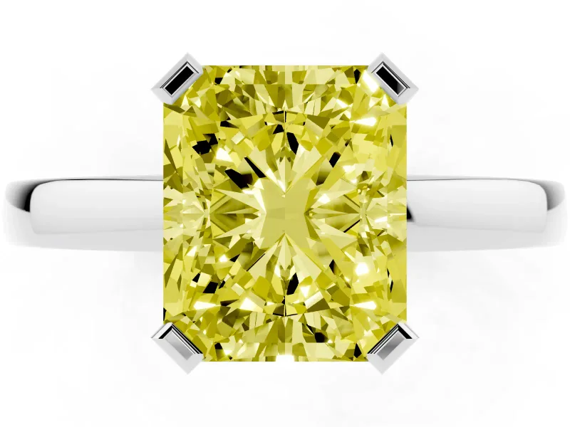 Fancy Yellow Radiant Cut Diamond Solitaire Ring Set in Silver with Prong Head and Smooth Polished Band