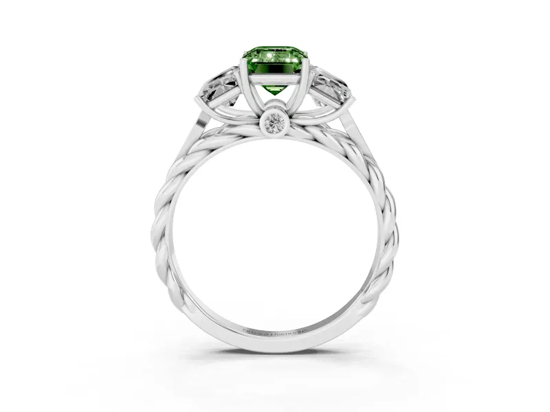 Fancy Green Emerald Cut Diamond Three-Stone Ring Set in Silver with Braided Band