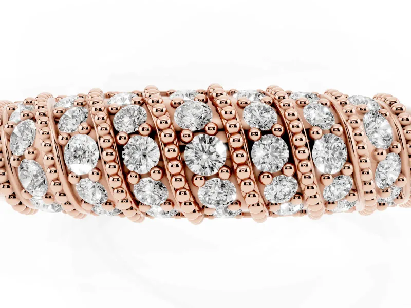 Round Lab-Grown Diamond Diagonal Pavé Dome Wedding Band | Milgrain Bars | Rose Gold