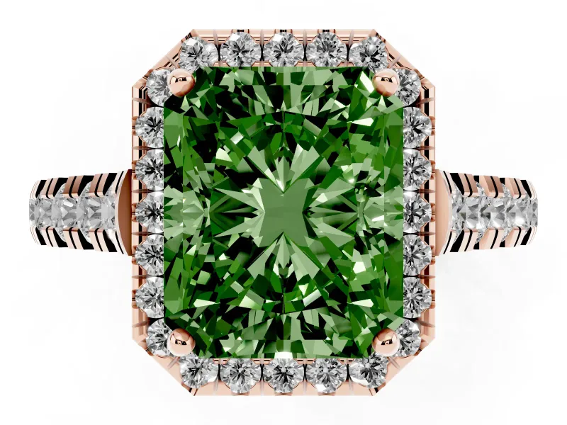 Radiant Cut Accented Halo Engagement Ring Setting for a Fancy Green Lab-Grown Diamond | Rose Gold