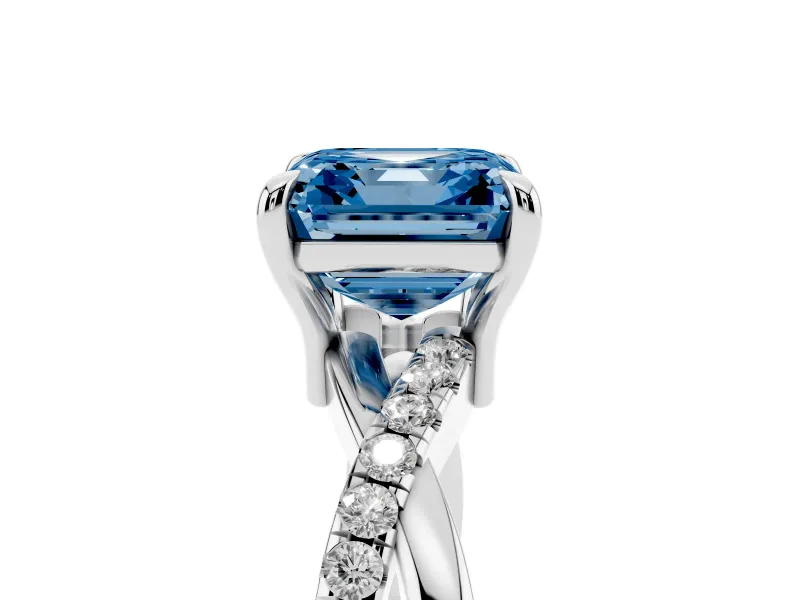 Fancy Blue Asscher Cut Diamond Twist Band Solitaire Set in Silver with Pavé Accents and Prong Setting