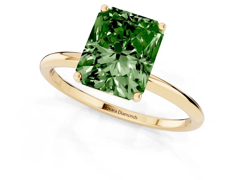 Fancy Green Radiant Cut Diamond Solitaire Engagement Ring Set in Yellow gold with Thin Band and Prong Setting