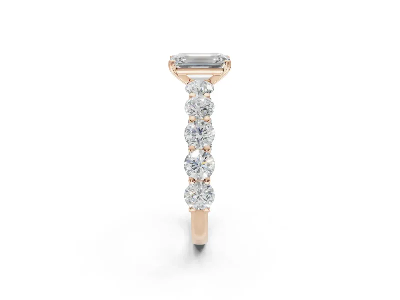 Emerald Cut Side Stone Engagement Ring Setting | Scalloped Prong Accents | Rose Gold