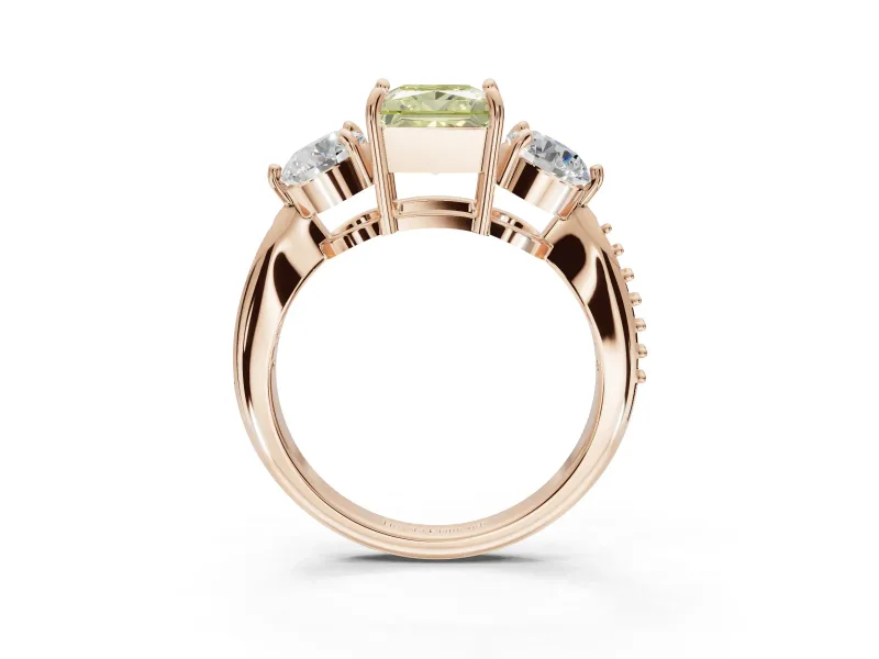 Princess Cut Three Stone Engagement Ring Setting for a Fancy Yellow Lab-Grown Diamond | Tapered Pave Band | Rose Gold