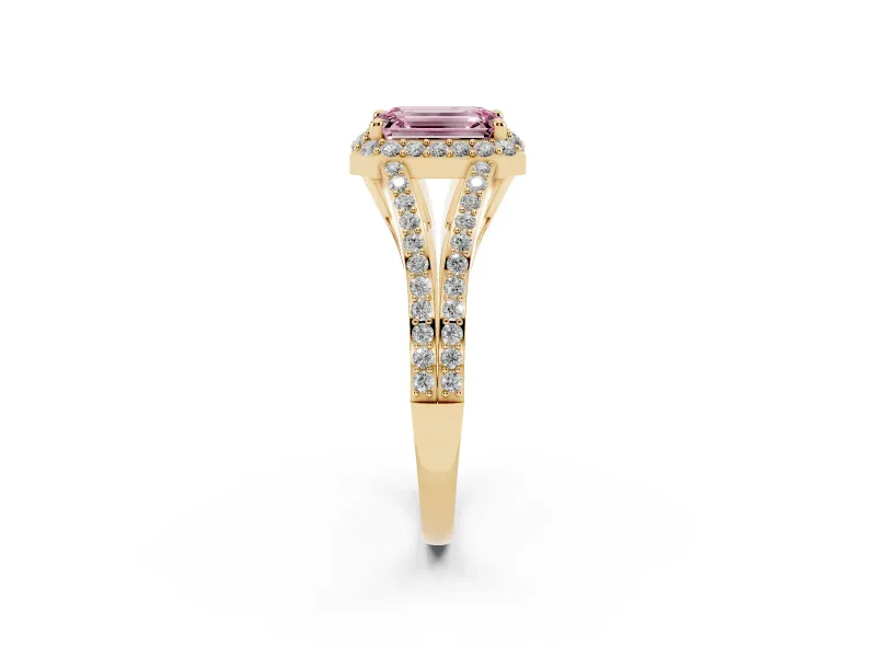Emerald Cut Halo Engagement Ring Setting for a Fancy Pink Lab-Grown Diamond | V-Split Pavé Band | Yellow Gold