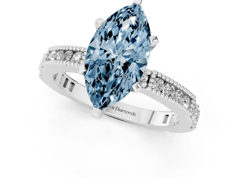 Fancy Blue Marquise Cut Diamond Solitaire Ring Set in Silver with Slim Pavé Band and Prong Setting