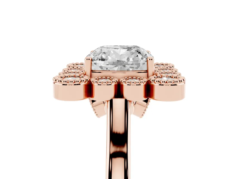 Cushion Cut Vintage Milgrain Bezel Cluster Halo Engagement Ring Setting | Plain Band | Rose Gold