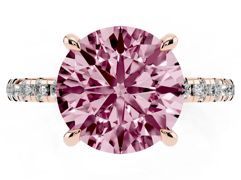 Fancy Pink Round Cut Diamond Brilliant Solitaire Ring Set in Rose gold with Pavé Band and Prong Setting
